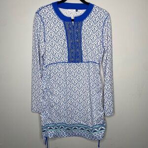 Cabana Life Embroidered Convertible Ruched Rashguard Blue White Swim Cover Up XL
